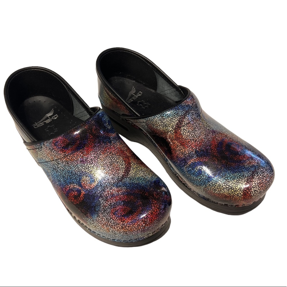 Dansko Professional Multi Mosaic Patent Leather Clogs Nurse Chef Sz 38 US 7.5 8
